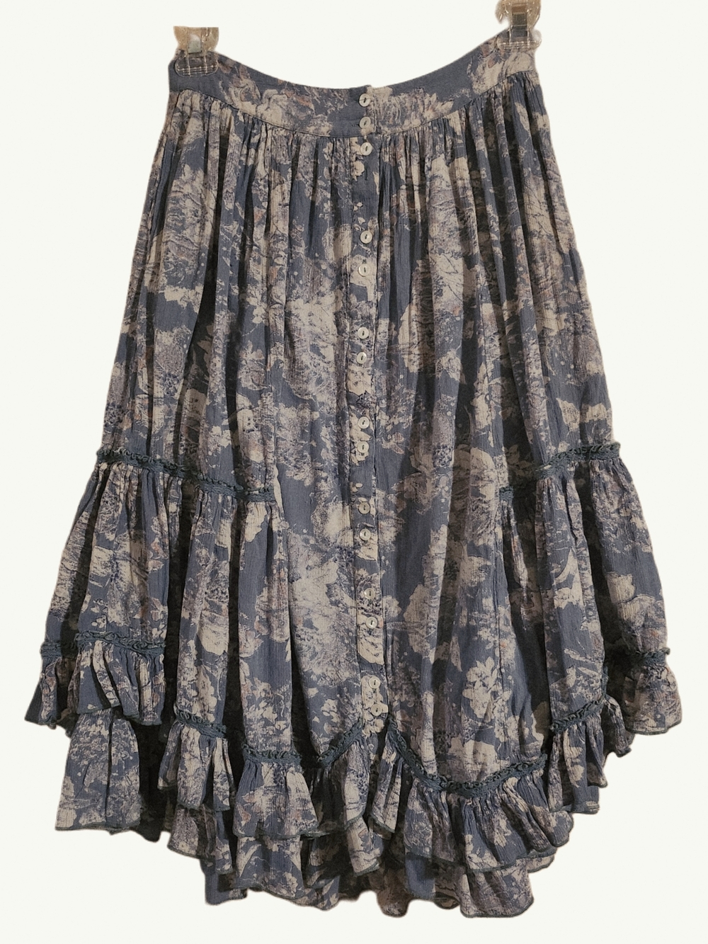 Free People Cotton Stagecoach Blue Floral Tiered Button-Front Women's Skirt Sz 6